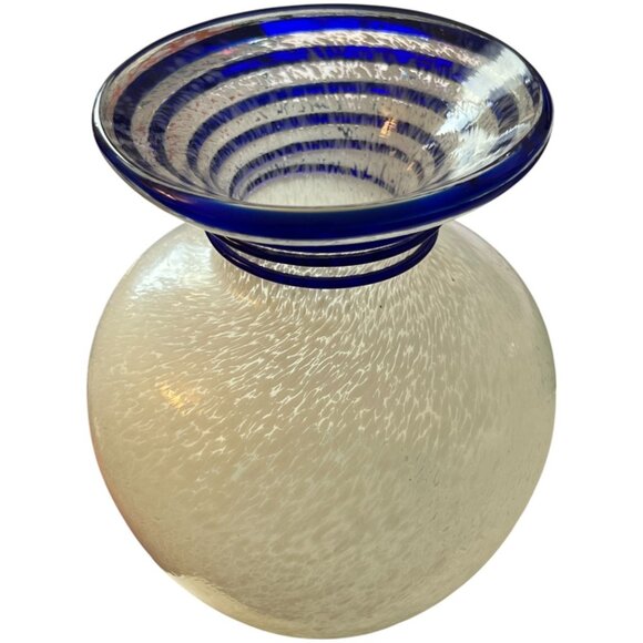Art Glass Vase– Cobalt Blue Applied Swirl, White Textured Body, Flared Mouth - Picture 2 of 7